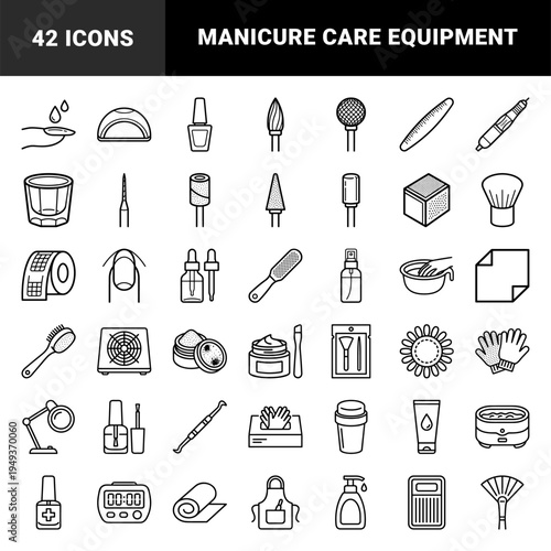 Manicure and pedicure professional salon equipment features. Technical monoline linear elements for nail care services and beauty treatment.