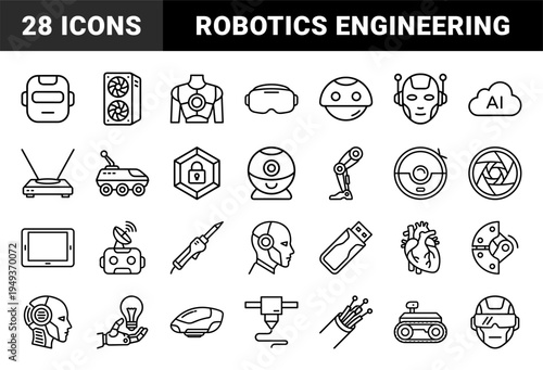 Artificial intelligence and robotics engineering elements for technical documentation. Clean monoline pictograms featuring automation, cybernetics, and futuristic hardware concepts.