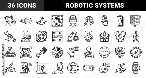Robotics and automation technology elements for industrial engineering. Monoline technical pictograms featuring artificial intelligence and cybernetic concepts.