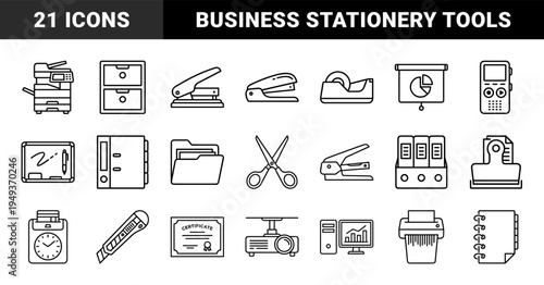 Office supply and workspace management equipment in a uniform monoline aesthetic. Technical line art depicting clerical tools and stationery items.