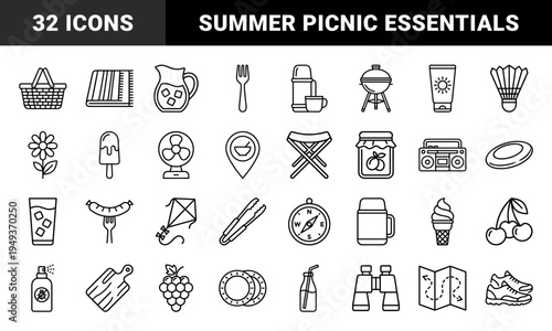 Outdoor recreation and summer picnic essentials featuring camping gear and food items. Clean monolinear stroke art for seasonal leisure and nature exploration.