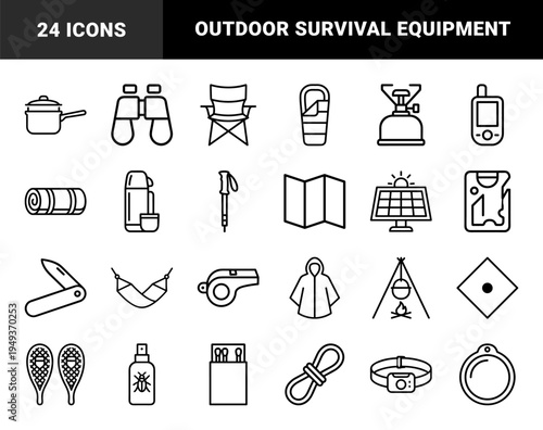Outdoor camping and wilderness survival equipment for adventure planning. Technical monoline pictograms featuring hiking gear and trekking essentials.