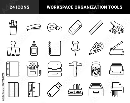 Office supplies and workspace organization essentials featuring technical monoline stationery for administrative workflow and corporate branding.