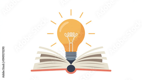 Lightbulb glowing above open book with rays symbolizing knowledge and inspiration for education and ideas