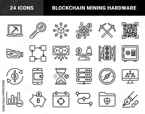Cryptocurrency mining and blockchain technology elements in technical monoline style. Digital finance pictograms for bitcoin trading and secure data storage.