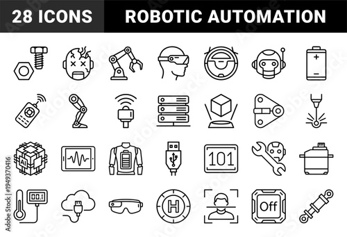 Robotics and artificial intelligence automation elements for industrial engineering. Technical monoline pictograms featuring cybernetic systems and hardware.