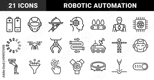 Robotics and automation engineering elements for industrial smart manufacturing. Technical monoline pictograms featuring artificial intelligence and future tech.