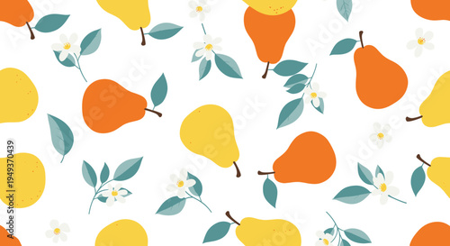 Seamless pattern displays ripe yellow and orange pears with green leaves and delicate white blossoms on a clean white background.