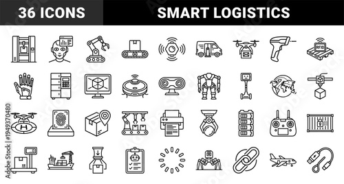 Autonomous logistics and smart warehouse automation pictograms featuring robotics, drone delivery, and supply chain technology in technical monoline style.