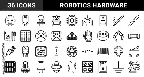 Electronics engineering and robotics hardware components for technical schematics. Monoline black stroke pictograms of circuitry and automation parts.