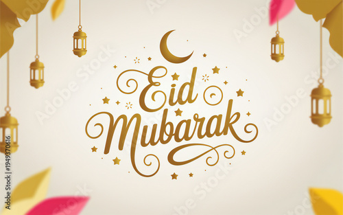Eid mubarak greeting with lanterns and crescent moon