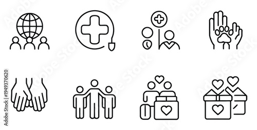 Volunteering Icons Outline Set Charity Help Support Community Donation Care Kindness Assistance Service Humanity Aid Symbol Web Design Isolated