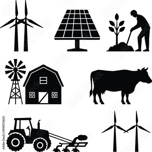 Various black silhouette icons for ecological farming and renewable power systems featuring wind turbines solar energy cow livestock and tractor equipment.