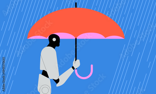 Artificial intelligence character alone in the rain holding an umbrella, technology and emotion concept.
