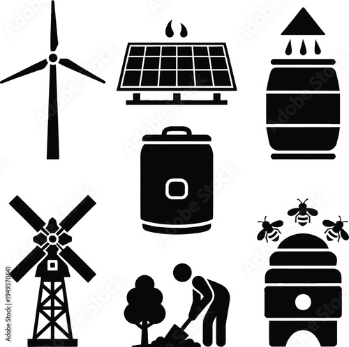Comprehensive set of black silhouette icons representing sustainable living including solar energy wind power beekeeping and organic garden cultivation.