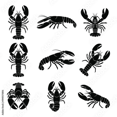 Lobster and Crayfish Silhouette Vector Set – Black Isolated Crustacean Icons