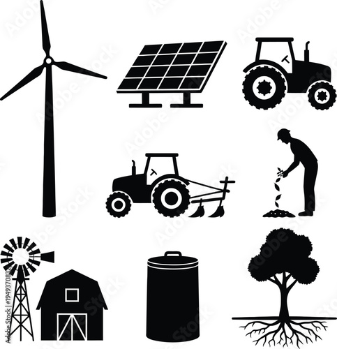 Large collection of black silhouette icons for renewable energy and industrial agriculture featuring tractors wind turbines solar panels and farm workers.