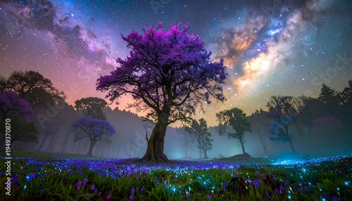 Dreamy landscape with vibrant purple flowering tree, blue-glowing flowers in foreground, and starlit sky
