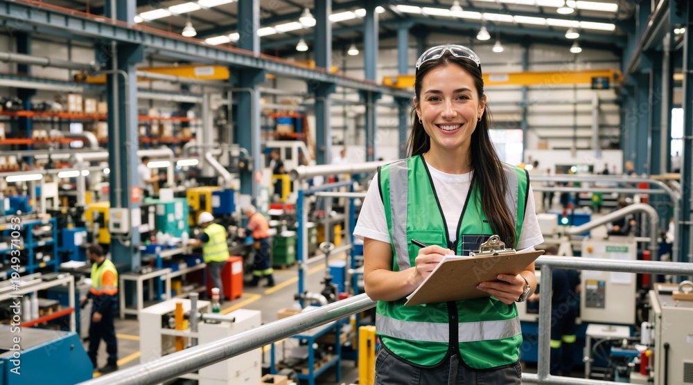 Naklejka premium Smiling female factory worker holding a clipboard in a manufacturing plant. Young woman in green safety vest and glasses working as an industrial supervisor or quality inspector