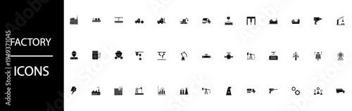 Factory icons collection displays various elements related to industry including machinery workers safety equipment