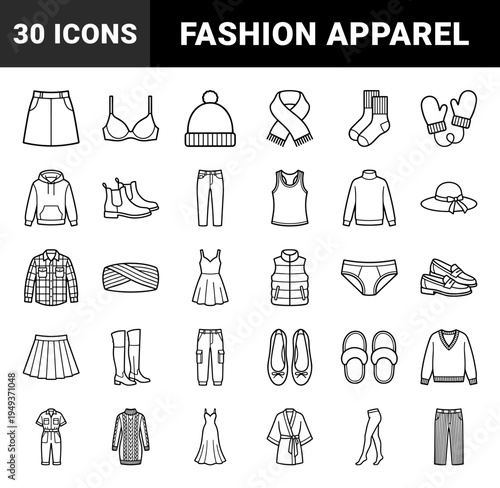 Seasonal apparel and fashion wardrobe essentials for retail branding. Technical monoline pictograms featuring diverse clothing and footwear styles.