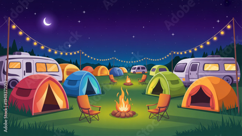 Colorful campsite at night with tents campers and a campfire under starry sky and string lights
