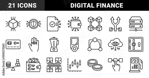 Blockchain technology and digital asset management elements for fintech platforms. Technical monoline pictograms featuring secure storage and network connectivity.