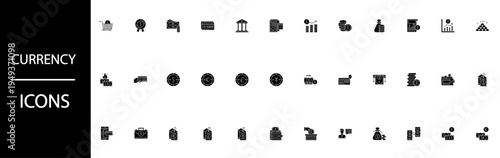 Comprehensive black silhouette currency and finance icons