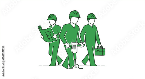 Three workers in green uniforms walking.