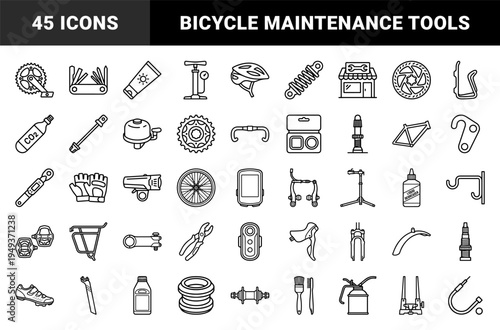Bicycle maintenance and cycling gear technical monoline elements. Professional schematic pictograms for bike repair shops and outdoor athletic equipment.
