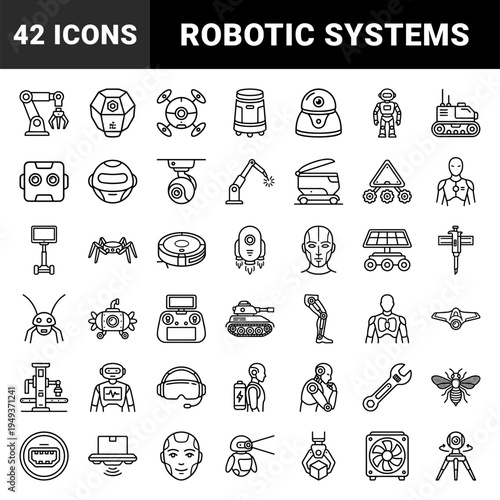 Robotics and artificial intelligence automation components. Technical monoline pictograms for future technology, industrial engineering and cybernetics.