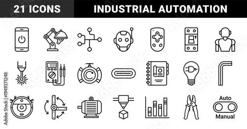 Industrial automation and robotics engineering components. Technical monoline pictograms for smart manufacturing and mechanical systems design.