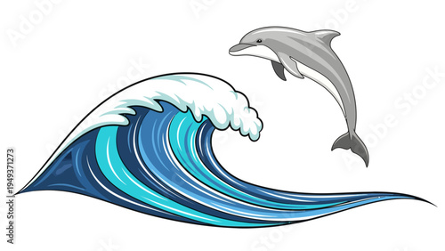 Dolphins Jumping Ocean Wave.