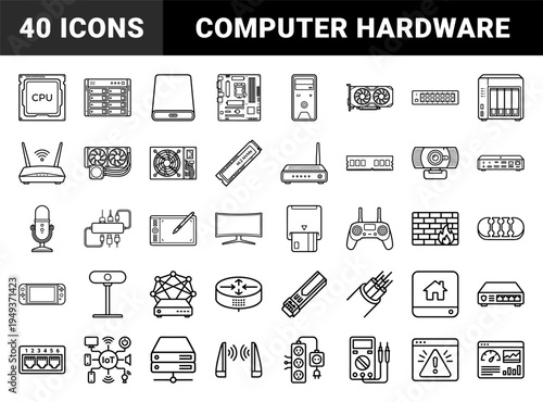 Computer hardware and network infrastructure technical line art for data center management and system administration diagrams.