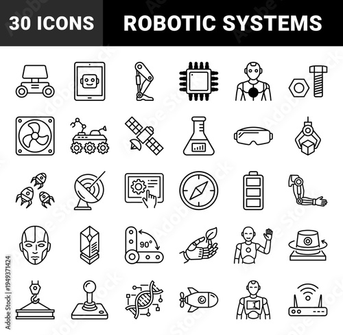 Robotics and artificial intelligence engineering concepts for technical documentation. Monolinear black and gold icons featuring automation and bionic systems.