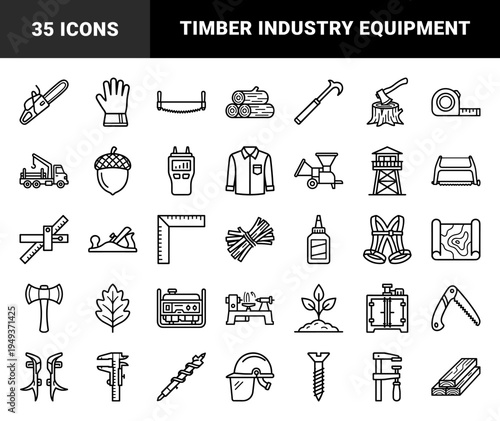 Forestry and timber industry equipment featuring woodworking tools and lumberjack gear in a technical monoline minimalist aesthetic.
