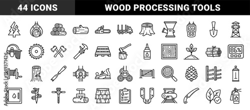 Forestry management and timber production workflow elements. Technical monoline pictograms for wood processing and lumber industry operations.