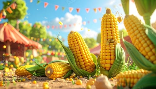 Golden ears of corn, festive flags, and tent at a summer harvest carnival under a sunny blue sky