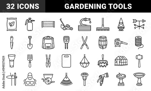 Gardening and landscaping maintenance equipment for backyard cultivation. Technical monoline pictograms featuring horticultural tools and nursery supplies.
