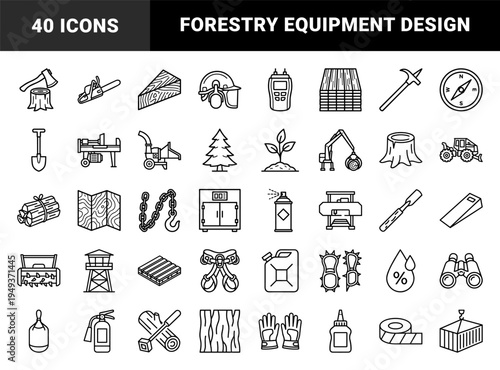 Forestry management and timber production equipment icons. Technical monoline pictograms for logging, woodworking, and arboriculture industries.