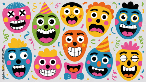 Vibrant cartoon faces with party hats and confetti on white background expressing various happy and sad emotions