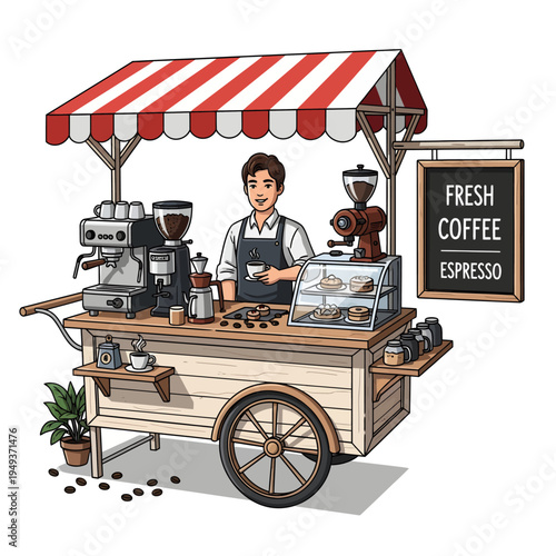 Friendly Barista Serving Freshly Brewed Espresso and Hot Coffee from a Charming Mobile Cart with Striped Canopy, Perfect for Street Vending or Events in a Vibrant Illustration Style