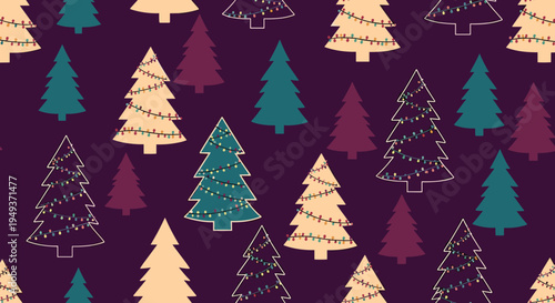 Dense seamless pattern of stylized Christmas trees in various colors and designs with glowing lights on a deep dark purple background.