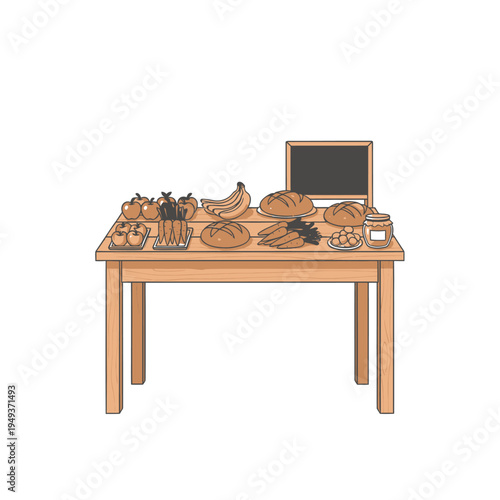Illustration of a wooden market stall table laden with fresh fruits, vegetables, and baked goods, embodying a healthy and local food concept