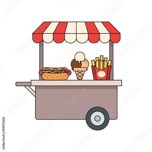 Street food cart serving hot dogs, ice cream cones, and french fries, perfect for outdoor events or festivals