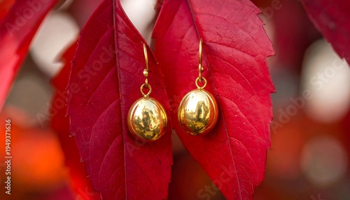 Golden earrings rest on vibrant red leaves, reflecting light, creating a warm, fall-themed aesthetic