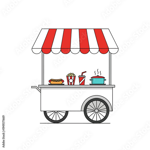Classic street food cart illustration featuring hot dogs, popcorn, and drinks, ideal for culinary promotions, snack bar menus, and mobile catering concepts