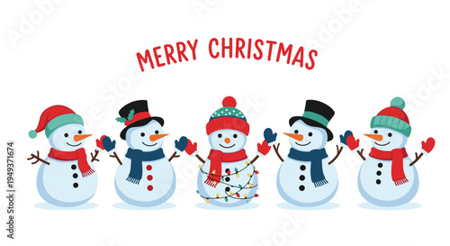 Five unique snowmen wearing various winter hats and scarves stand in a line below the festive red text Merry Christmas on white.