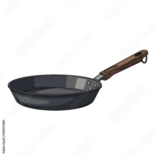 A simple, cartoon-style illustration of a black frying pan with a brown handle, perfect for culinary themes and kitchen graphics
