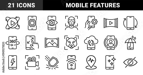 Smartphone technology and mobile interface features for user experience design. Technical monoline pictograms including biometric security and camera modes.